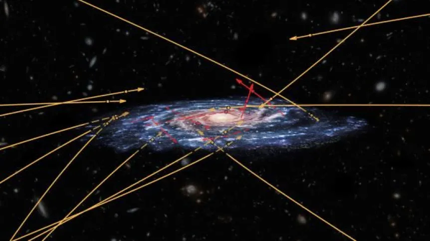 Wizualizacja ruchów gwiazd poruszających się poza galaktykami. Źródło: ESA (wizja artysty); Marchetti et al 2018 (pozycje i trajektorie gwiazd); NASA/ESA/Hubble (galaktyki w tle), CC BY-SA 3.0 IGO