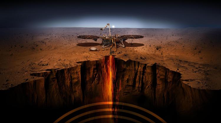 Artystyczna wizja lądownika InSight na powierzchni Marsa. Źródło: NASA/JPL-Caltech