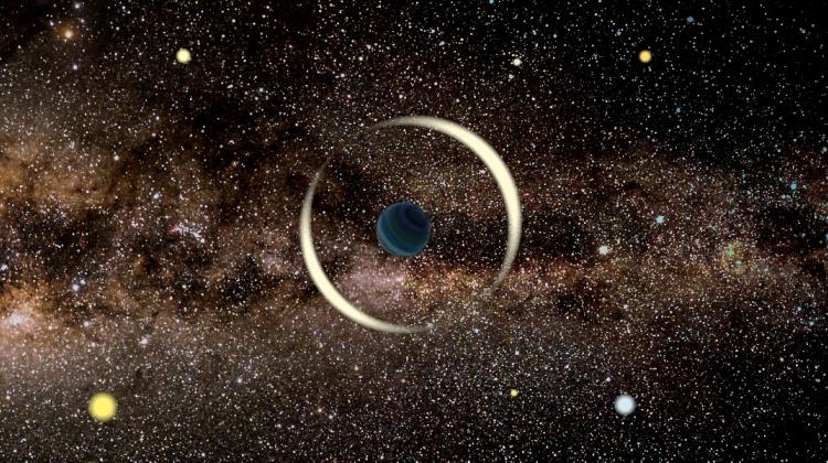 Mikrosoczewkowanie grawitacyjne przez planetę  swobodną – wizja artystyczna. Autor: Dr Jan Skowron (Obserwatorium Astronomiczne UW).