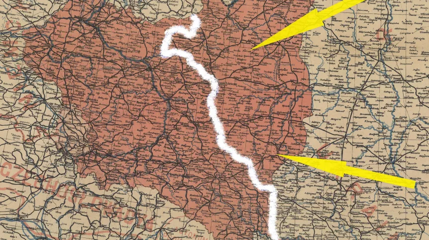 Mapa II RP, na której zaznaczono granicę strefy ochrony przed księgosuszem. Wzdłuż tej linii szczepiono bydło, a pięcioosobowe posterunki rozmieszczone co 5-10 km pilnowały m.in., by przez tę granicę nie pędzono zwierząt. Źródło: J. Boratyński