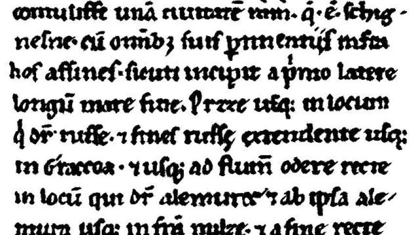 Fragment średniowiecznego kodeksu przywołującego tekst "Dagome Iudex". Źródło: Wikipedia.pl
