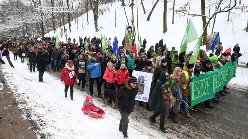 "Marsz entów" w obronie Puszczy Białowieskiej przeszedł ulicami Warszawy pod KPRM. Fot. PAP/ Radek Pietruszka 17.01.2016