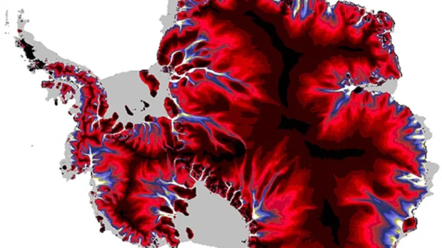  Strumienie lodowe w lądolodzie antarktycznym (prędkość płynięcia lodu rośnie od wnętrza lądolodu w kierunku wybrzeża)  (wg Bamber J.L., Vaughan D.G., Joughin I., 2000: Widespread complex flow in the interior of the Antarctic Ice Sheet. Science...