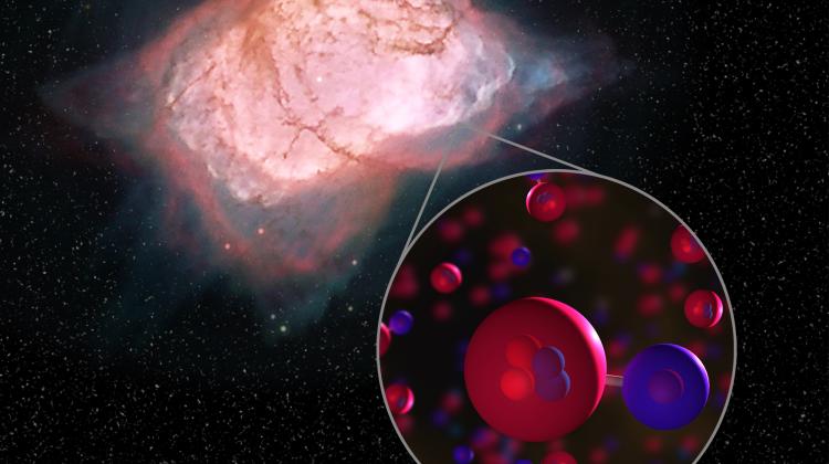 Zdjęcie mgławicy planetarnej NGC 7027 oraz ilustracja molekuły wodorku helu. Na ilustracji kolorem czerwonym pokazano hel, a niebieskim wodór). Wodorek helu był pierwszym rodzajem cząsteczki we Wszechświecie. Źródło: NASA/ESA/Hubble Processing: Judy Schmidt.