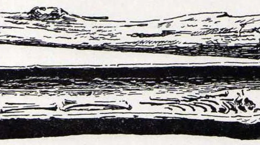 Rysunek pochówku kobiety z Bagicza pochodzący z publikacji O. Dibbelt, Der Baumsarg von Bodenhagen, Heimt-Kalender der Stadtkreises Kolberg und des Landkreises Kolberg-Körlin, R. 12, 1936, s. 43-44.