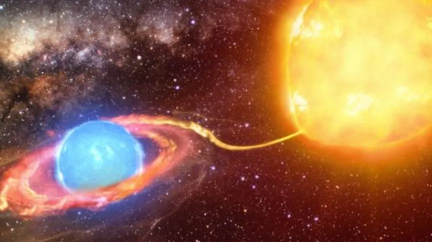 Artystyczna wizja układu podwójnego OGLE-BLG-RRLYR-02792. Źródło: Janusz Bogucki / Obserwatorium Astronomiczne Uniwersytetu Warszawskiego.