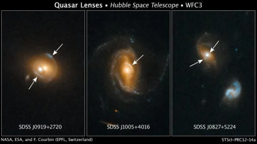 Galaktyki zawierające kwazary, sfotografowane przez teleskop Hubble’a. Strzałkami oznaczono łuki będące zdeformowanymi obrazami odleglejszych galaktyk – efekt soczewkowania grawitacyjnego. Źródło: NASA, ESA oraz F. Courbin (EPFL, Szwajcaria).
