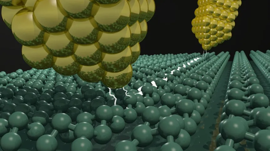 Artystyczna wizja eksperymentu, w którym naukowcy badają transport elektronów w nanometrowych obiektach  Źródło: Marek Kolmer 