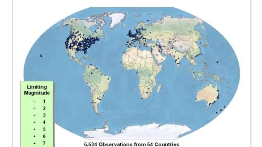 The Great World Wide Star Count. Mapa przedstawiająca wyniki obserwacji nadesłane w roku 2007. Źródło: University Corporation for Atmospheric Research / Tom Patterson, US National Park Service.