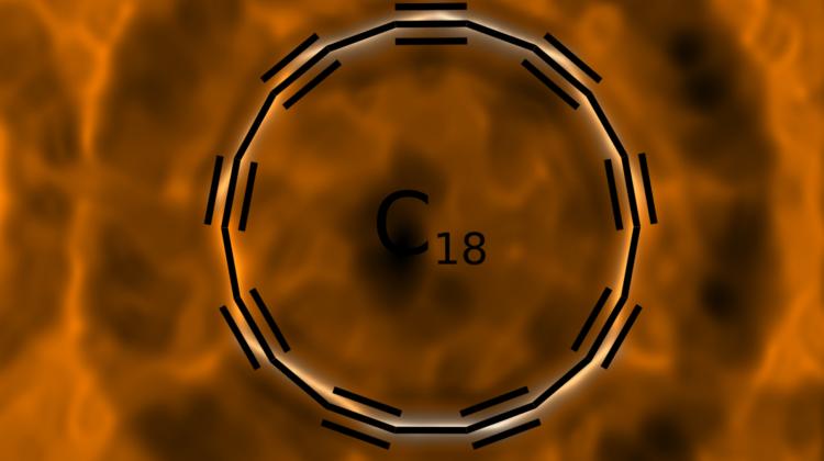 Cyklokarbon - nowa odmiana alotropowa węgla opisana w "Science". Ilustracja przygotowana na podstawie obrazu z mikroskopu sił atomowych (AFM), na którym zaznaczono strukturę związku. Fot: IBM Research