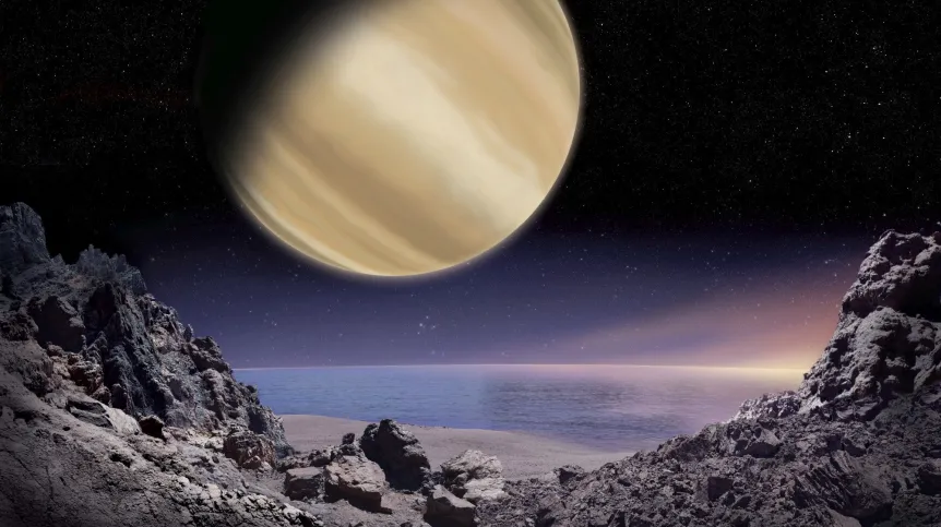 Artystyczna wizja widoku na planetę BD+14 4559 b z powierzchni jej hipotetycznego księżyca. Rys: M. Mizera / IAU100 / PTA.