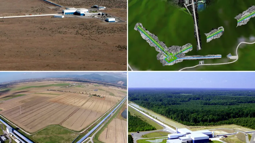 Detektory fal grawitacyjnych. Z góry, od lewej: KAGRA, LIGO Hanford. Na dole, od lewej: Virgo, LIGO Livingston. Źródło: ICRR, Univ. of Tokyo/LIGO Lab/Caltech/MIT/Virgo Collaboration.