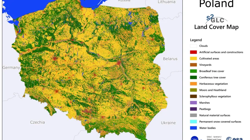 Mapa pokrycia terenu w Polsce opracowana w ramach projektu S2GLC. Rys. CBK PAN