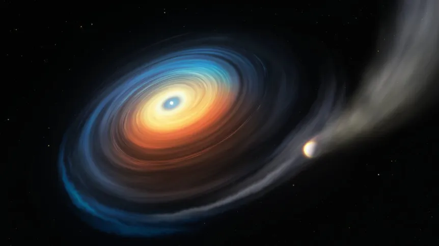 Ilustracja przedstawiająca białego karła WDJ0914+1914 wraz z planetą podobną do Neptuna. Ekstremalne promieniowanie ultrafioletowe białego karła powoduje odzieranie planety z atmosfery. Część materii ucieka, a reszta tworzy dysk akreujący na białego karła. Źródło: ESO/M. Kornmesser.