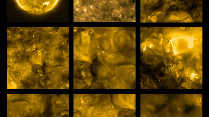 Zdjęcia Słońca uzyskane przy pomocy instrumentu Extreme Ultraviolet Imager (EUI) na pokładzie sondy kosmicznej Solar Orbiter w dniu 30 maja 2020 r. Pokazany jest widok na długości fali 17 nanometrów w zakresie ultrafioletowym. Ten zakres widma pokazuje nam górną atmosferę Słońca – koronę słoneczną – o temperaturze około miliona stopni Celsjusza. Kolory sztuczne. Źródło: Solar Orbiter/EUI Team (ESA & NASA); CSL, IAS, MPS, PMOD/WRC, ROB, UCL/MSSL