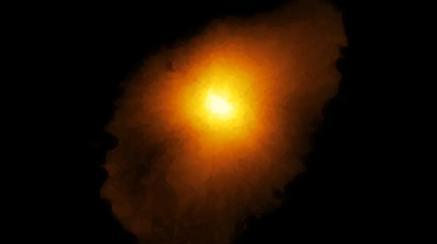 Obraz galaktyki SPT0418-47 zrekonstruowany przy pomocy modelowania komputerowego. Źródło: ALMA (ESO/NAOJ/NRAO), Rizzo et al.