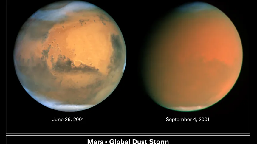 Planeta Mars sfotografowana przez Kosmiczny Teleskop Hubble’a. Pokazano dwa oblicza planety – normalne w czerwcu 2001 r. i w trakcie globalnej burzy pyłowej we wrześniu 2001 r. Źródło: NASA, James Bell (Cornell Univ.), Michael Wolff (Space Science Inst.), The Hubble Heritage Team (STScI/AURA).
