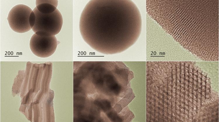 Zdjęcia mikroskopowe różnych form stałego rozpuszczalnika krzemionkowego  pokrytego molekularnymi kotwicami. Na górze sferyczne drobiny porowatej  krzemionki MCM-41, na dole mezoporowata krzemionka SBA-15. Kolory  sztuczne. (Źródło: IFJ PAN)