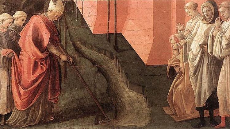 Św. Figdianus (San Frediano) zatrzymuje wylew rzeki Serchio. Obraz, który namalował  Filippo Lippi z XV wieku; Galleria degli Uffizi, domena publiczna, Wikimedia Commons