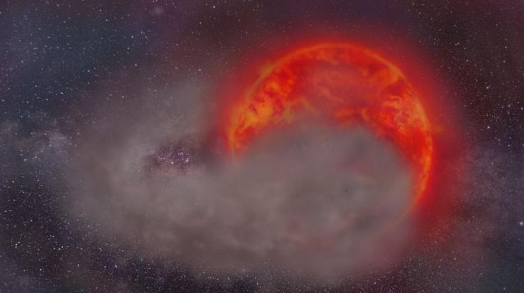An artist's impression of a red giant obscured by a cloud of dust. The cloud surrounds a low-mass stellar companion, for example a brown dwarf. Credit: Matylda Soszyńska/Astronomical Observatory of the University of Warsaw.
