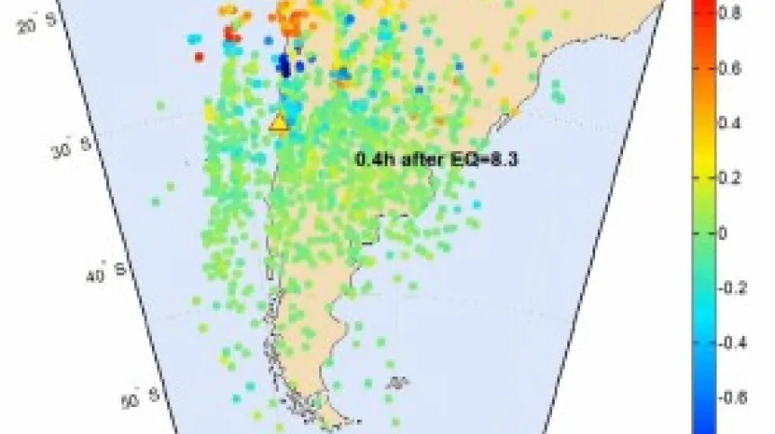 Zakłócenia pola elektrycznego w jonosferze wywołane falami grawitacyjnymi niespełna pół godz. po trzęsieniu Ziemi Chile-Illapel; źródło: UWM