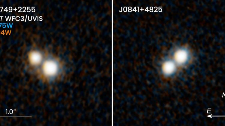 Dwie pary kwazarów, które istniały 10 miliardów lat temu i znajdują się w sercach łączących się galaktyk. Credit: NASA, ESA, H. Hwang and N. Zakamska (Johns Hopkins University), and Y. Shen (University of Illinois, Urbana-Champaign)