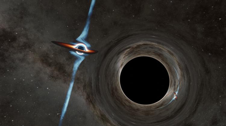 Artystyczna wizja układu podwójnego supermasywnych czarnych dziur w kwazarze PKS 2131-021. Fot. Caltech/R.Hurt (IPAC).