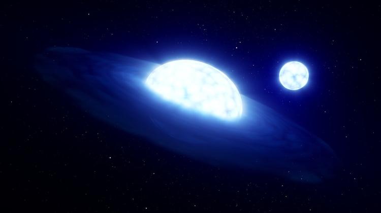 Artystyczna wizja systemu dwóch gwiazd HR 6819. Widać spłaszczonej gwiazdę z dyskiem wokół ("wampiryczna" gwiazda typu Be), a w tle znajduje się gwiazdy typu B, która została odarta ze swojej atmosfery. Źródło: ESO/L. Calçada.