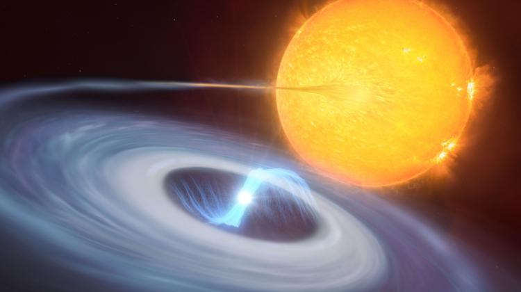 Wizja artystyczna układu dwóch gwiazd, w którym może nastąpić wybuch mikronowej. Źródło: ESO/M. Kornmesser, L. Calçada.