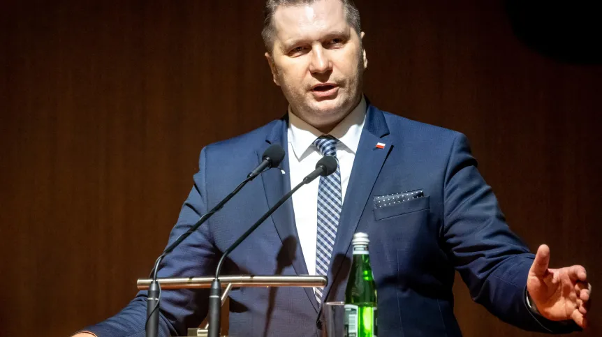 19.02.2023. Minister edukacji i nauki Przemysław Czarnek podczas inauguracji Światowego Kongresu Kopernikańskiego w Toruniu. Fot. PAP/Tytus Żmijewski