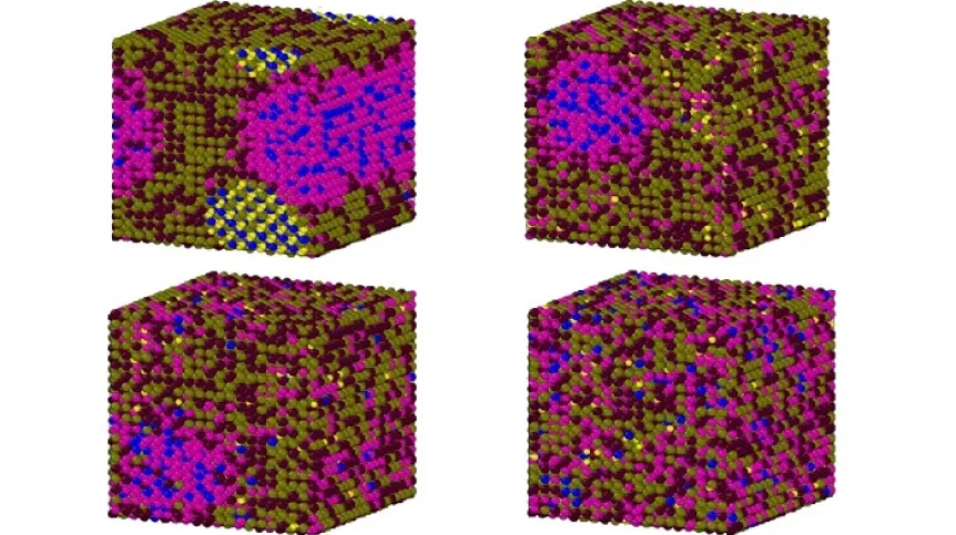 Struktura stopu W29.4Ta42.0V16.1Cr5.0Hf7.5 uzyskana przy użyciu symulacji Monte Carlo, opartych na obliczeniach ab initio dla czterech różnych temperatur: 300 K, 620 K, 1000 K i 1500 K. Źródło: PW