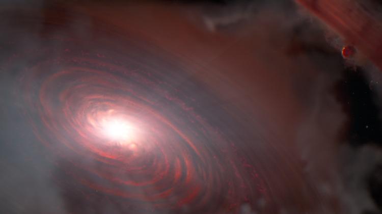 Artystyczna wizja gwiazdy PDS 70 i jej dysku wewnętrznego. Źródło: NASA, ESA, CSA, J. Olmsted (STScI).