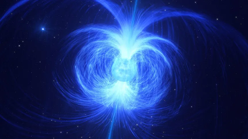 Artystyczna wizja masywnej gwiazdy helowej w układzie podwójnym HD 45166. Okazało się, że gwiazda ma bardzo silne pole magnetyczne i w przyszłości może przekształcić się w magnetara. Źródło: ESO/L. Calçada.