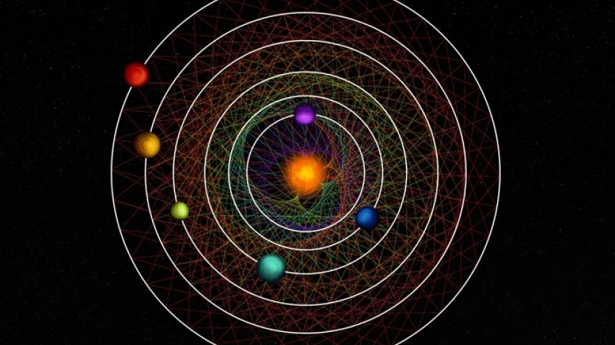 Sześć planet układu HD110067 tworzy wspólnie ciekawy wzór geometryczny, który wynika z ich rezonansu. Źródło: © CC BY-NC-SA 4.0, Thibaut Roger/NCCR PlanetS