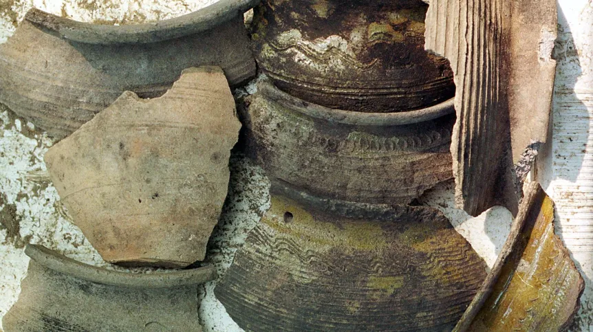 03.09.2002 Na zdjęciu fragmenty naczyń glinianych z XI wieku wydobytych w czasie badań archeologicznych prowadzonych w miejscowości Łosień k/Dąbrowy Górniczej. PAP Roman Koszowski