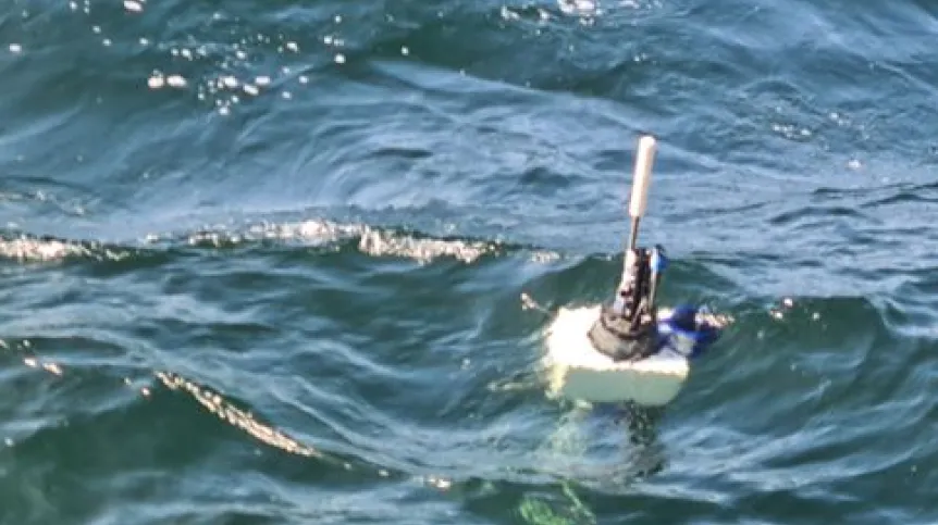 Autonomiczny pływak Argo podczas pracy – widoczny na powierzchni morza w trakcie przesyłania danych satelitarnie. Źródło: dr Daniel Rak