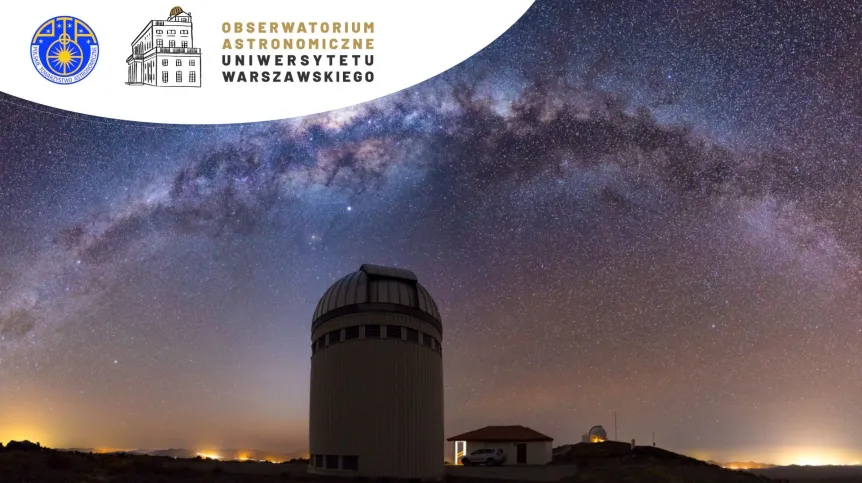 Grafika 42. Zjazdu Polskiego Towarzystwa Astronomicznego. W tle zdjęcie 1,3-metrowego teleskopu w Chile, należącego do Obserwatorium Astronomicznego Uniwersytetu Warszawskiego, które jest gospodarzem konferencji i obchodzi 200. rocznicę powstania. Źródło: PTA / OA UW.