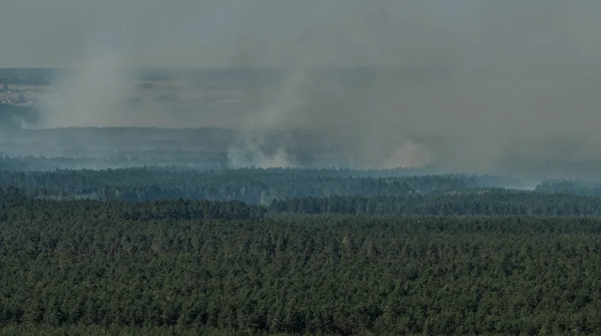 Józefów (pow. biłgorajski), 06.05.2026. Pożar lasu w pow. biłgorajskim, 6 bm. Od wtorkowego popołudnia strażacy walczą z pożarem lasu w pow. biłgorajskim w nadleśnictwie Józefów, który objął ok. 250 ha. W trakcie akcji rozbił się samolot gaśniczy Dromader, w wyniku czego zginął pilot maszyny.  PAP/Wojtek Jargiło
