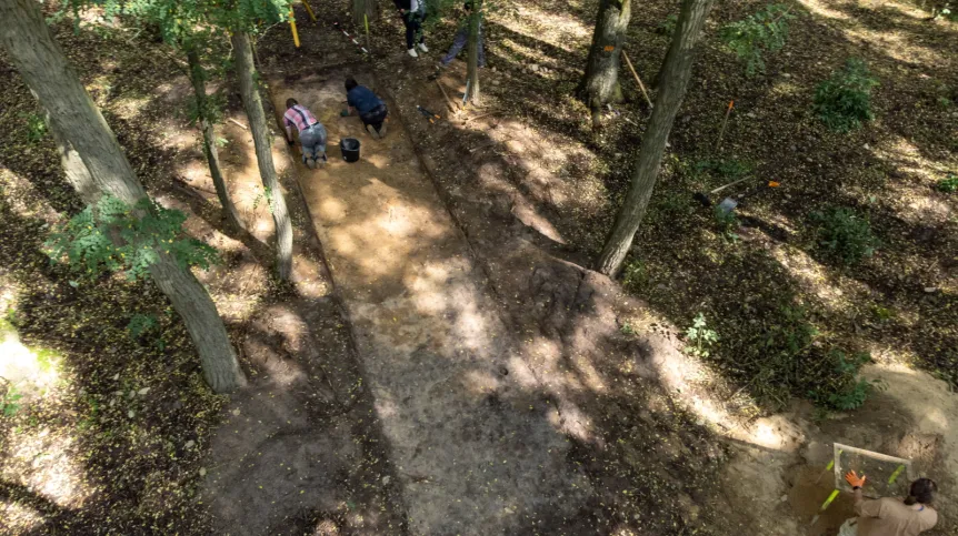  20.08.2026. Archeologiczne badania weryfikacyjne megalitu w Parku Krajobrazowym im. gen. Dezyderego Chłapowskiego w miejscowości Wyrzeka, 20 bm. Archeolodzy badają monumentalny grobowiec ziemny, który mógł powstać około 5,5 tysiąca lat temu. (sko) PAP/Jakub Kaczmarczyk