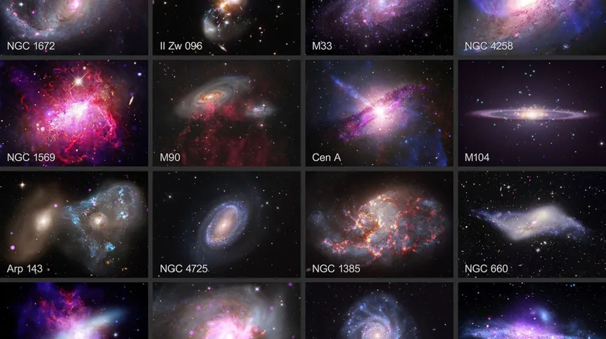 Galeria 16 galaktyk utworzona z danych z Obserwatorium Rentgenowskiego Chandra, nałożonych na dane z innych teleskopów. Źródło: NASA/CXC/SAO.