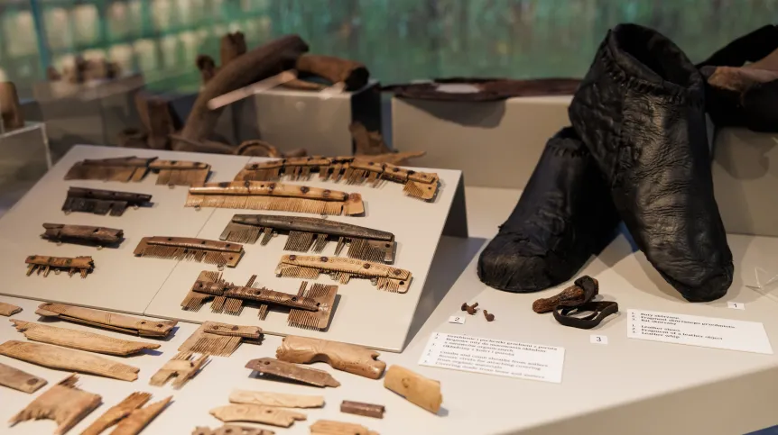 27.08.2026. Przedmioty wydobyte z terenów dawnej osady na nowo otwartej wystawie stałej „Tajemnice początków Polski - Ostrów Lednicki” w Muzeum Pierwszych Piastów na Lednicy w Dziekanowicach, 27 bm. W muzeum otworzono także nowoczesną przestrzeń obsługi, sklep muzealny i kawiarnię z widokiem na Jezioro Lednica. (sko) PAP/Marek Zakrzewski 