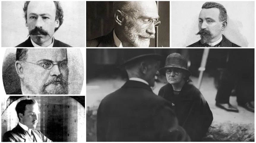 Wybitni polscy chemicy: Górny rząd od lewej: Karol Olszewski, Leon Marchlewski i Marceli Nencki. Kolumna po lewej: Zygmunt Wróblewski (środek), Jan Czochralski (na dole). Duże zdjęcie: Maria Skłodowska-Curie. Spośród nich jedynie Karol Olszewski i Leon Marchlewski i Maria Skłodowska-Curie doczekali się nominacji do Nagrody Nobla. A Maria Skłodowska-Curie Nagrodę dwukrotnie otrzymała.  Źródło zdjęć: Wikipedia, NAC. 