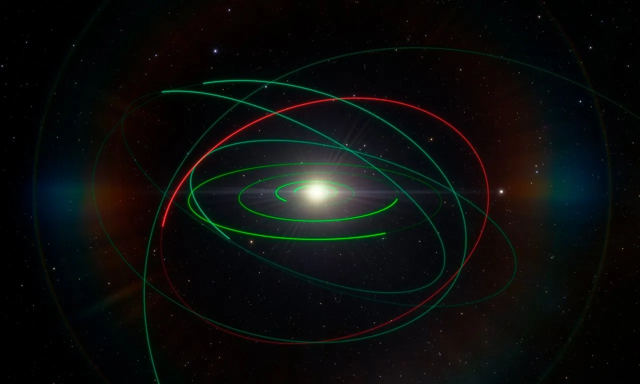 Czerwona linia pokazuje przebieg orbity obiektu 2004 EW95. Zielonym kolorem naszkicowano orbity kilku innych ciał w Układzie Słonecznym. Źródło: ESO/L. Calçada
