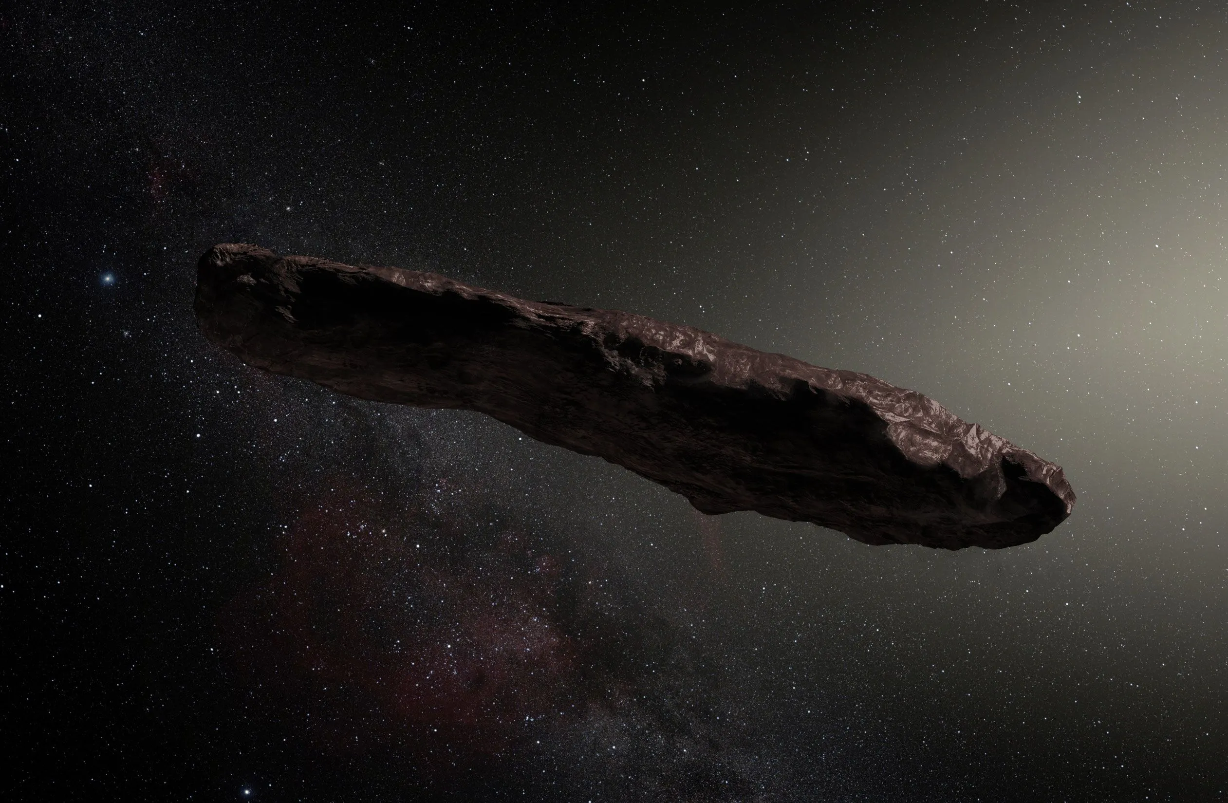Wizja artystyczna międzygwiazdowej planetoidy ‘Oumuamua. Źródło: ESO / M. Kornmesser.