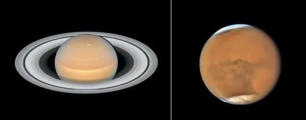 Najnowsze zdjęcia Saturna (po lewej) i Marsa (po prawej) wykonane w czerwcu i lipcu 2018 r. przy pomocy Kosmicznego Teleskopu Hubble’a. Źródło: NASA, ESA, A. Simon (GSFC), OPAL Team, J. DePasquale (STScI); Mars: NASA, ESA oraz STScI.