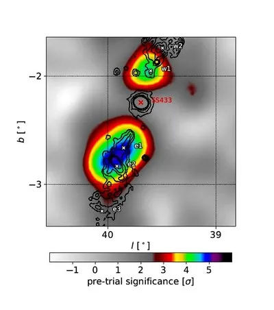 Źródła wysokoenergetycznego promieniowania gamma wokół mikrokwazara SS 433 otoczonego mgławicą W50. (Źródło: HAWC Observatory)