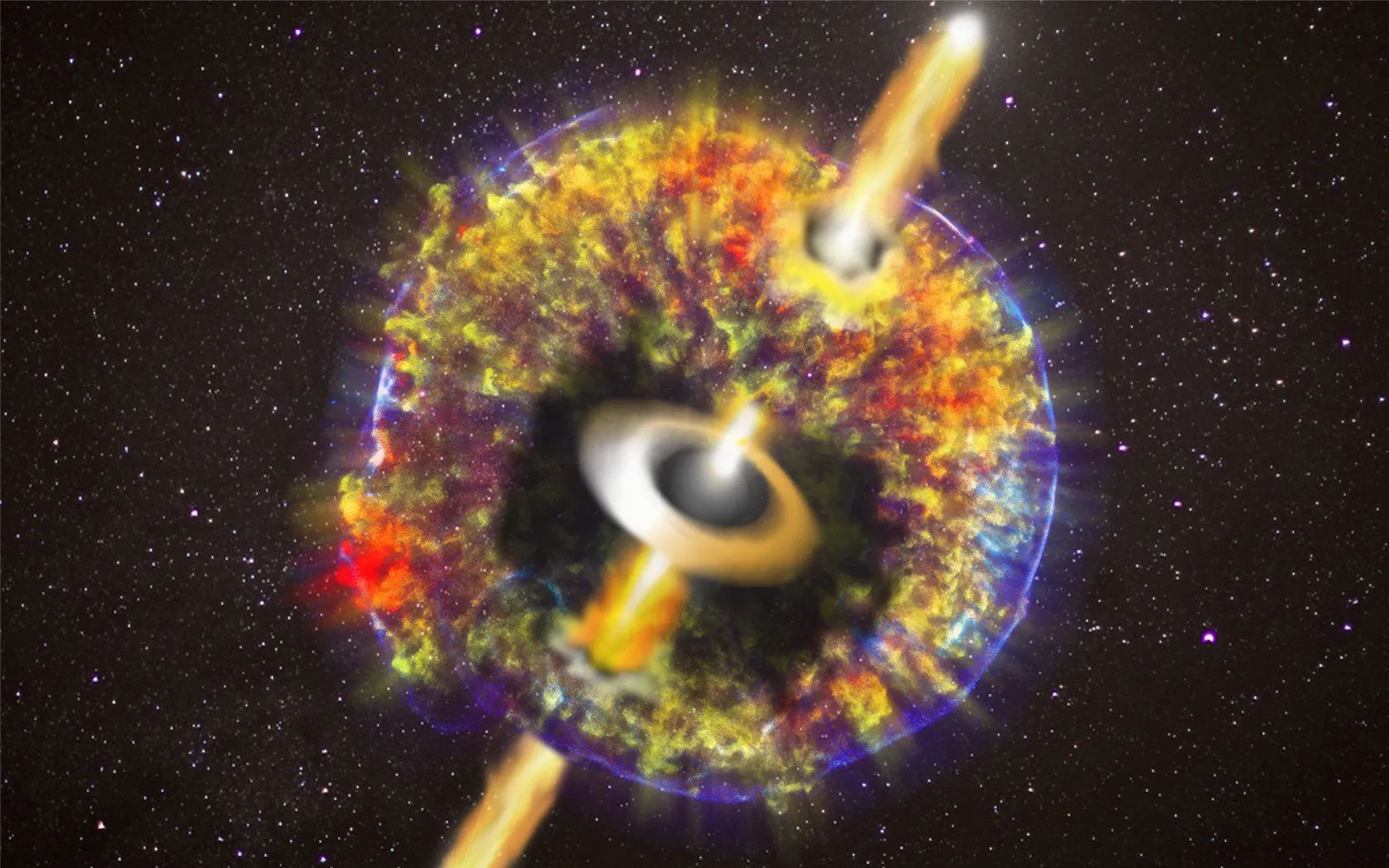 Wizja artystyczna zlania się gwiazd neutronowych z całą otoczką wyrzuconą podczas zjawiska (NASA/CXC/GSFC/B.Williams et al.)