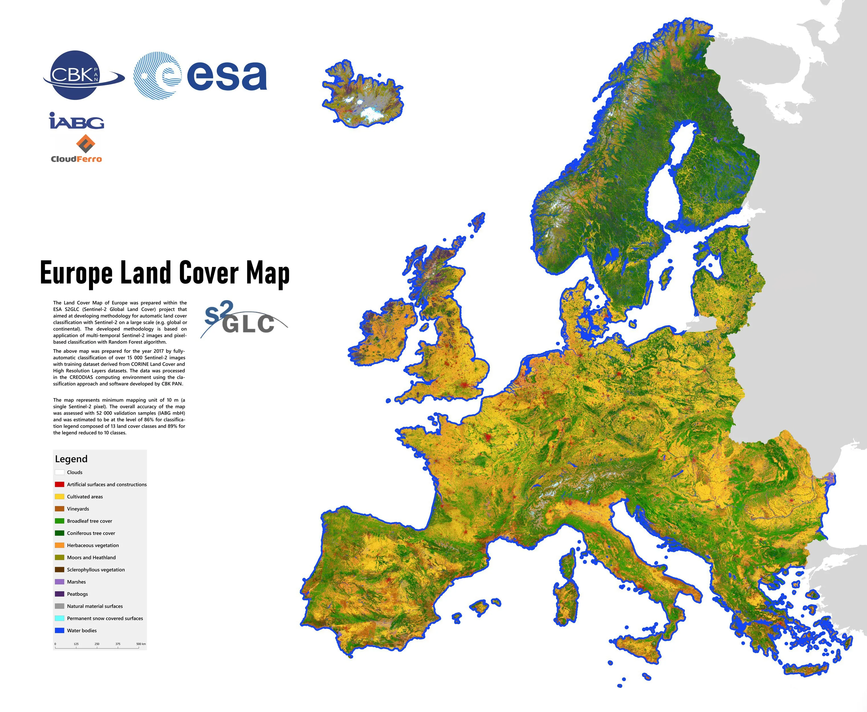 Mapa pokrycia terenu w Europie opracowana w ramach projektu S2GLC. Źródło: CBK PAN