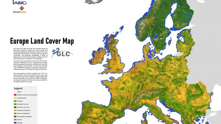 Map of land cover in Europe developed as part of the S2GLC project. Source: Space Research Centre PAS