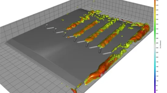 Obrazowanie działania pasywnego sterowania przepływem za pomocą dołków poprzez izolinie wirowości; W. Stryczniewicz, Application of Helium Filled Soap Bubbles and STB for 3D PIV investigations of large-scale passive flow control devices, 22nd International Symposium on the Application of Laser and Imaging Techniques to Fluid Mechanic